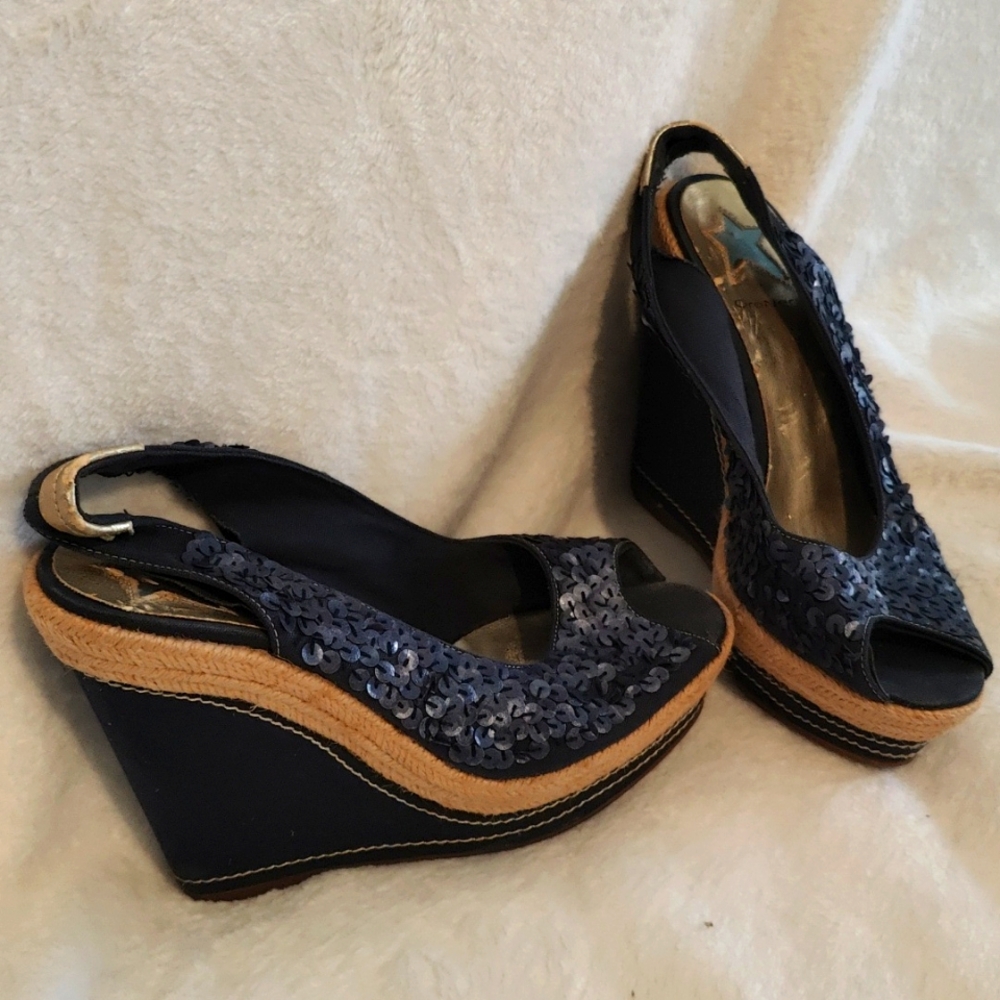 Oro Nero navy sequin wedge pumps size 37